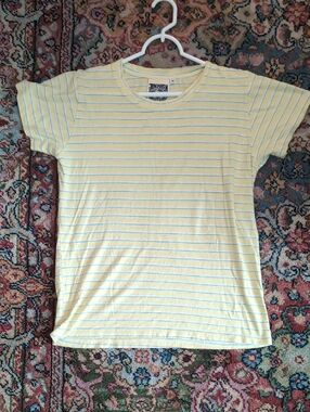 Jungmaven Pale Yellow Tee with Thin Blue Stripes